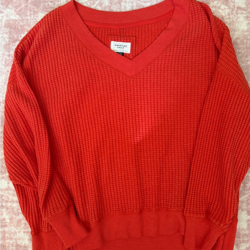 American Eagle Outfitters Women's Vibrant Red V-Neck Sweater
